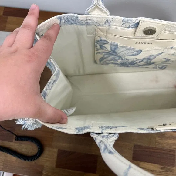 SANDRO Kabash Blue Floral Tote Bag Purse Fringe Hem Large Travel Canvas Designer - Picture 5 of 12